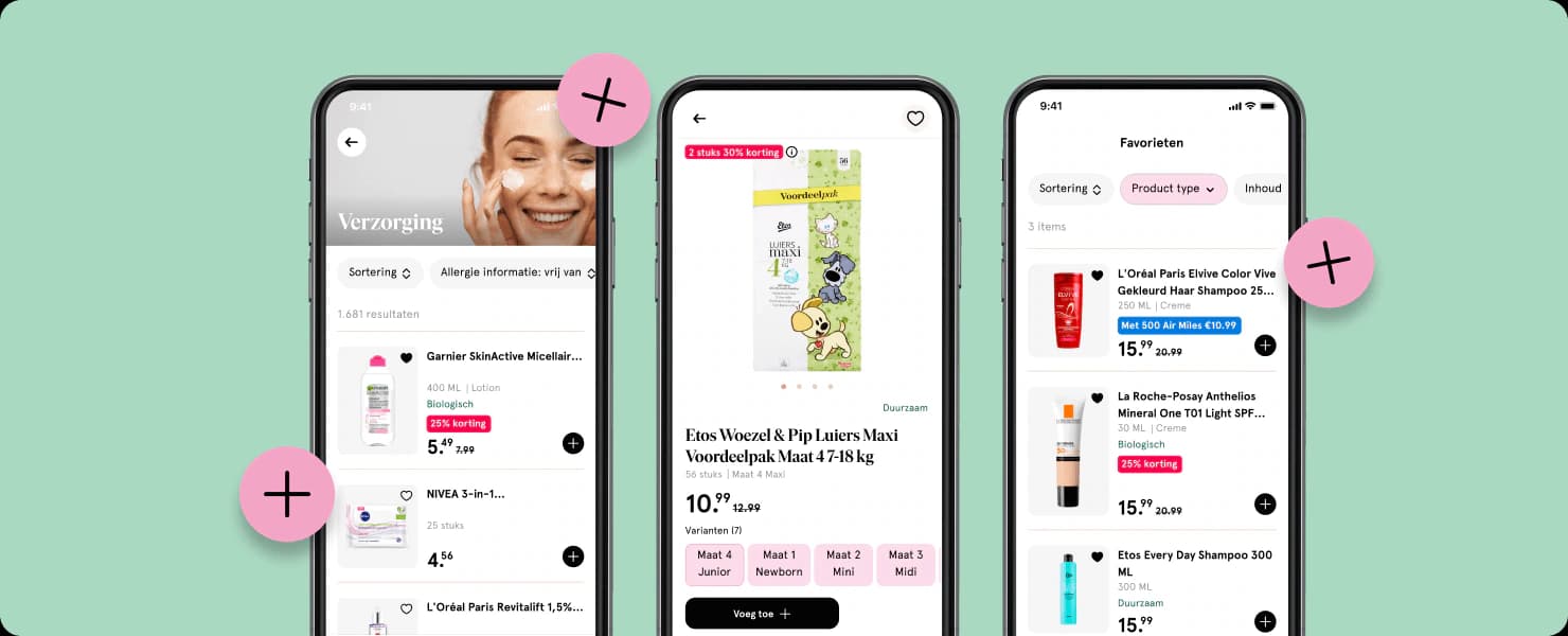 Three smartphone screens display an online beauty and skincare shopping app interface with product listings and details on a green background.